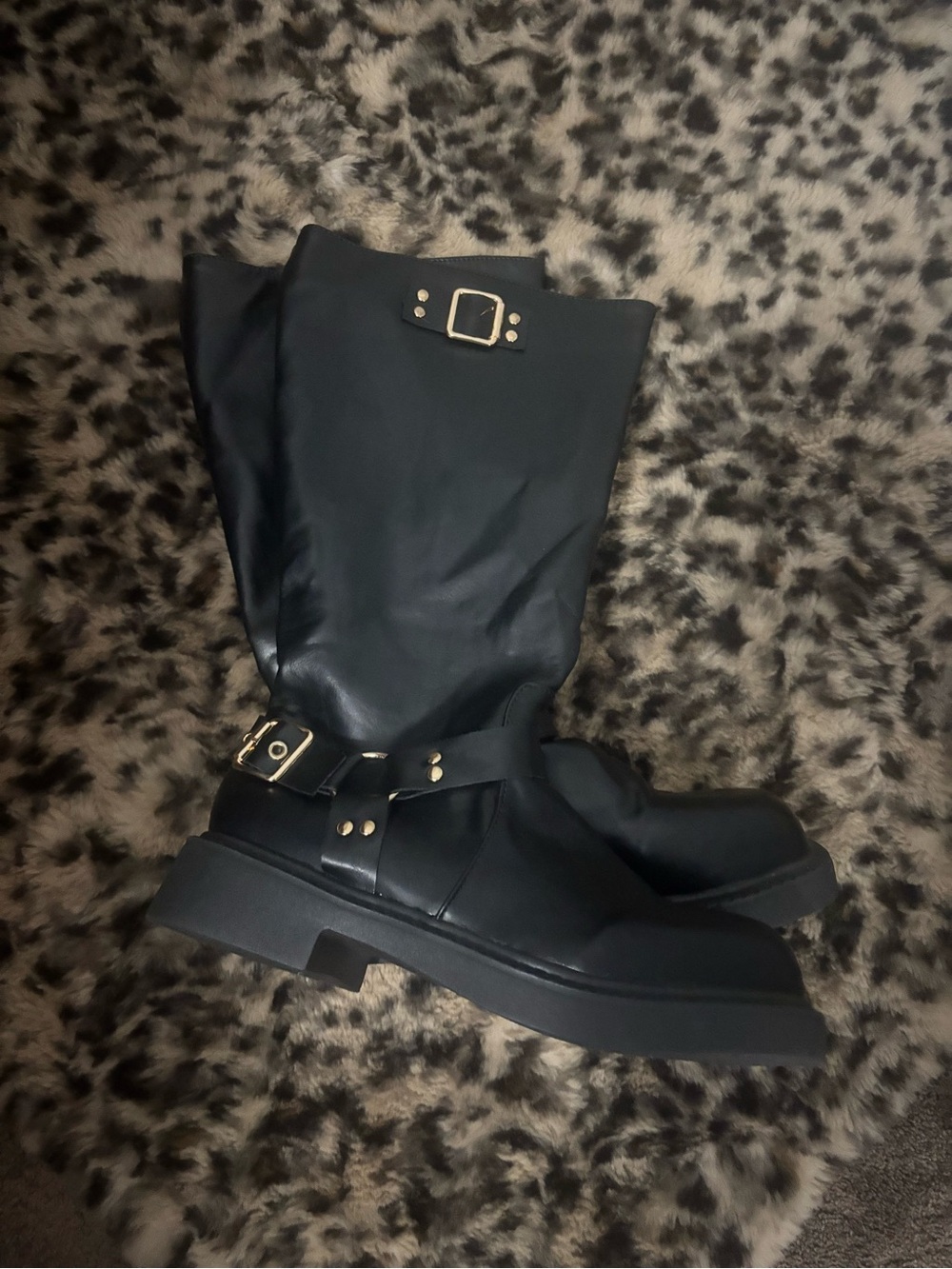Women's Black Mid-Calf Buckle Combat Boots with Gold Hardware